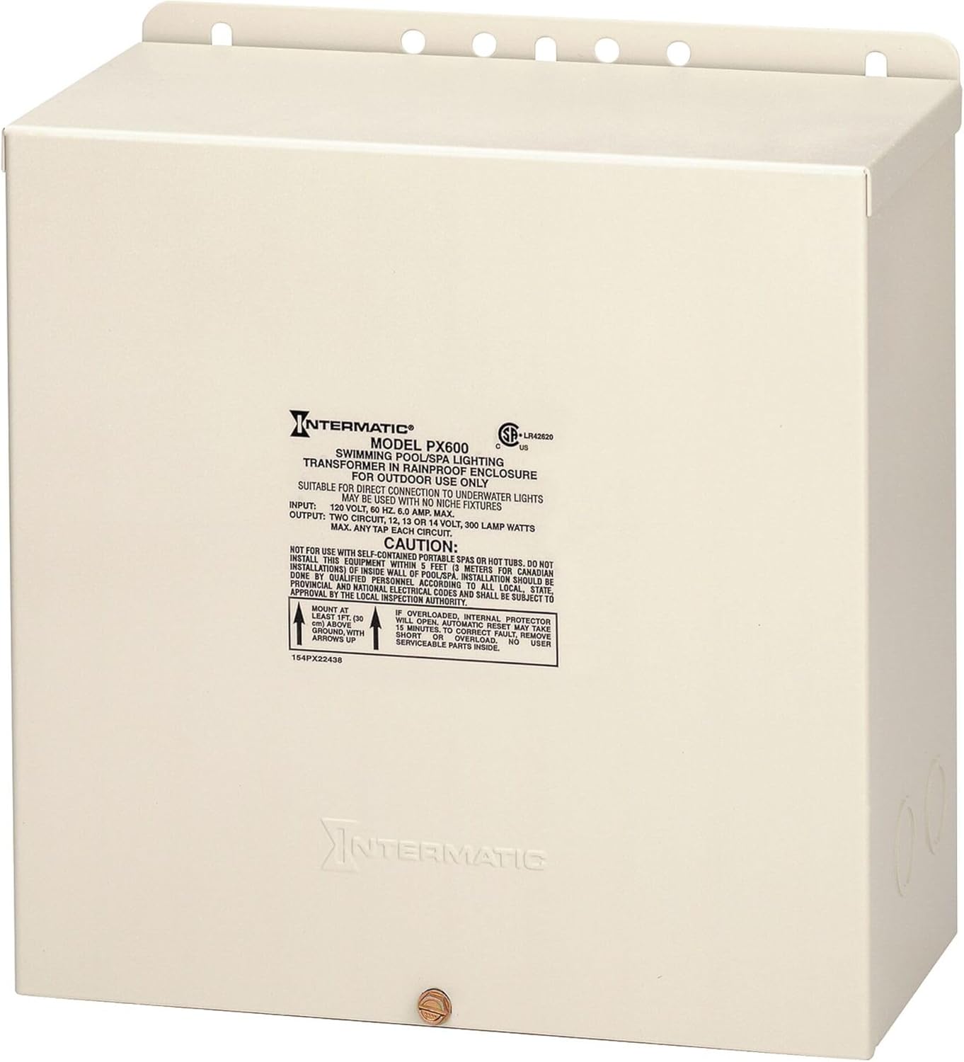 Intermatic PX600 600W Pool Light Transformer – 120V to 12V, 13V, 14V low-voltage outdoor power supply with weatherproof beige steel enclosure.