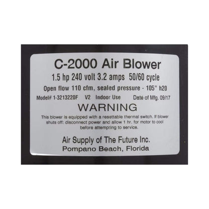 Air Supply Comet 2000 1.5hp spa blower with durable 4ft AMP cable, energy-efficient design for outdoor pools and spas.