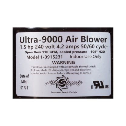 Air Supply Florida Ultra 9000 Spa Blower, 1.5HP, portable and energy-efficient.