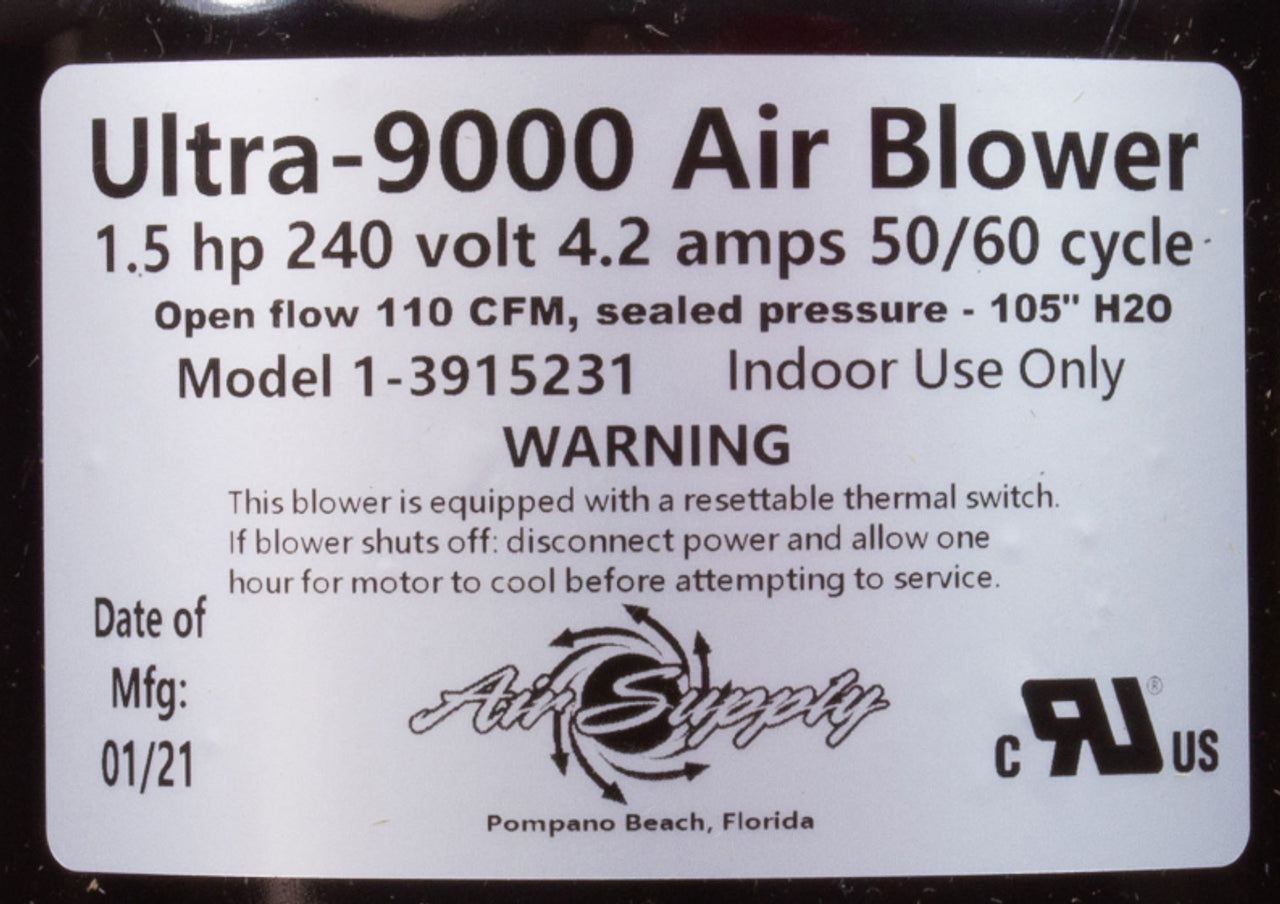 Air Supply Florida Ultra 9000 Spa Blower, 1.5HP, portable and energy-efficient.