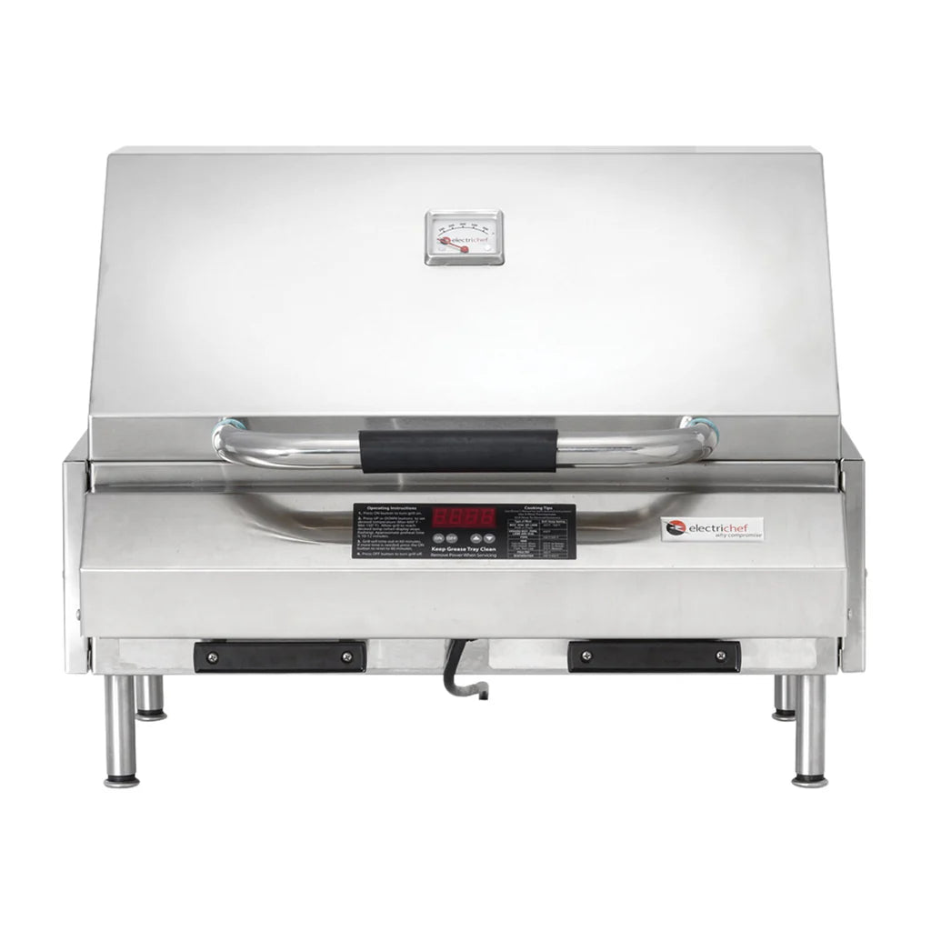 Electri-Chef Emerald 24-Inch Tabletop Electric Grill with fold-down side shelves, stainless steel design, ideal for compact outdoor spaces.