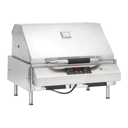 Electri-Chef Emerald 24-Inch Tabletop Electric Grill with fold-down side shelves, stainless steel design, ideal for compact outdoor spaces.