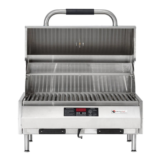 Electri-Chef Emerald 24-Inch Tabletop Electric Grill with fold-down side shelves, stainless steel design, ideal for compact outdoor spaces.