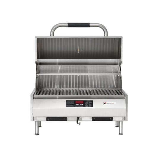 Electri-Chef Emerald 24-Inch Tabletop Electric Grill with fold-down side shelves, stainless steel design, ideal for compact outdoor spaces.