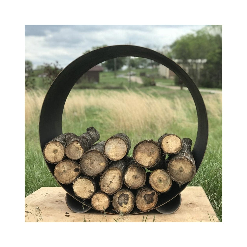 Fire Pit Art Orbital Log Rack - 38-inch round steel firewood storage