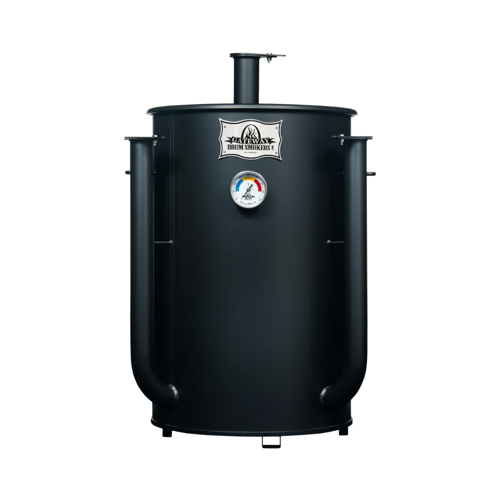 Gateway Drum Smoker 30 Gallon Charcoal BBQ Smoker in matte black with dual air intake pipes and precision thermometer