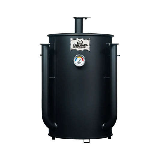 Gateway Drum Smoker 30 Gallon Charcoal BBQ Smoker in matte black with dual air intake pipes and precision thermometer