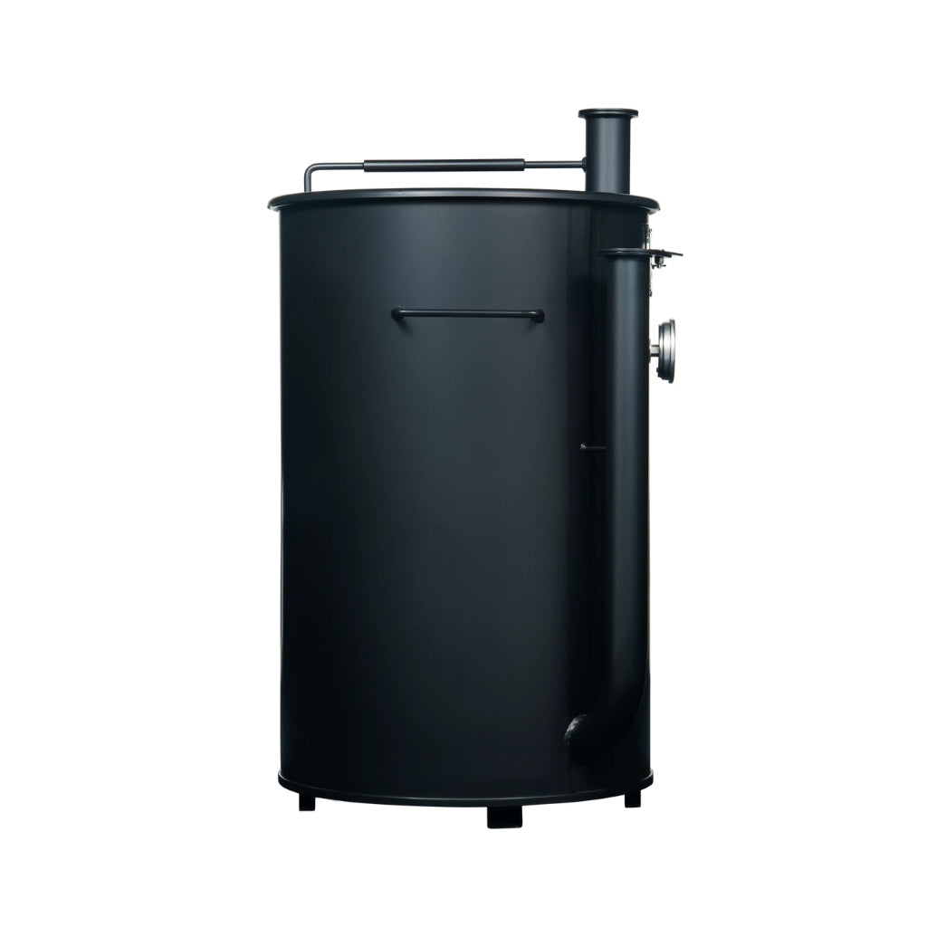 Gateway Drum Smoker 30 Gallon Charcoal BBQ Smoker in matte black with dual air intake pipes and precision thermometer