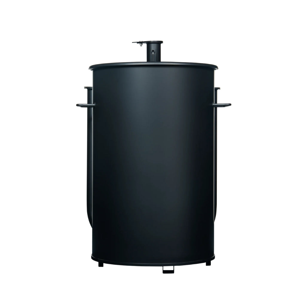 Gateway Drum Smoker 30 Gallon Charcoal BBQ Smoker in matte black with dual air intake pipes and precision thermometer