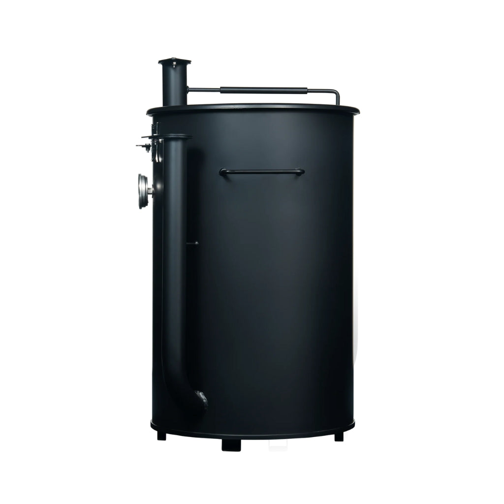 Gateway Drum Smoker 30 Gallon Charcoal BBQ Smoker in matte black with dual air intake pipes and precision thermometer