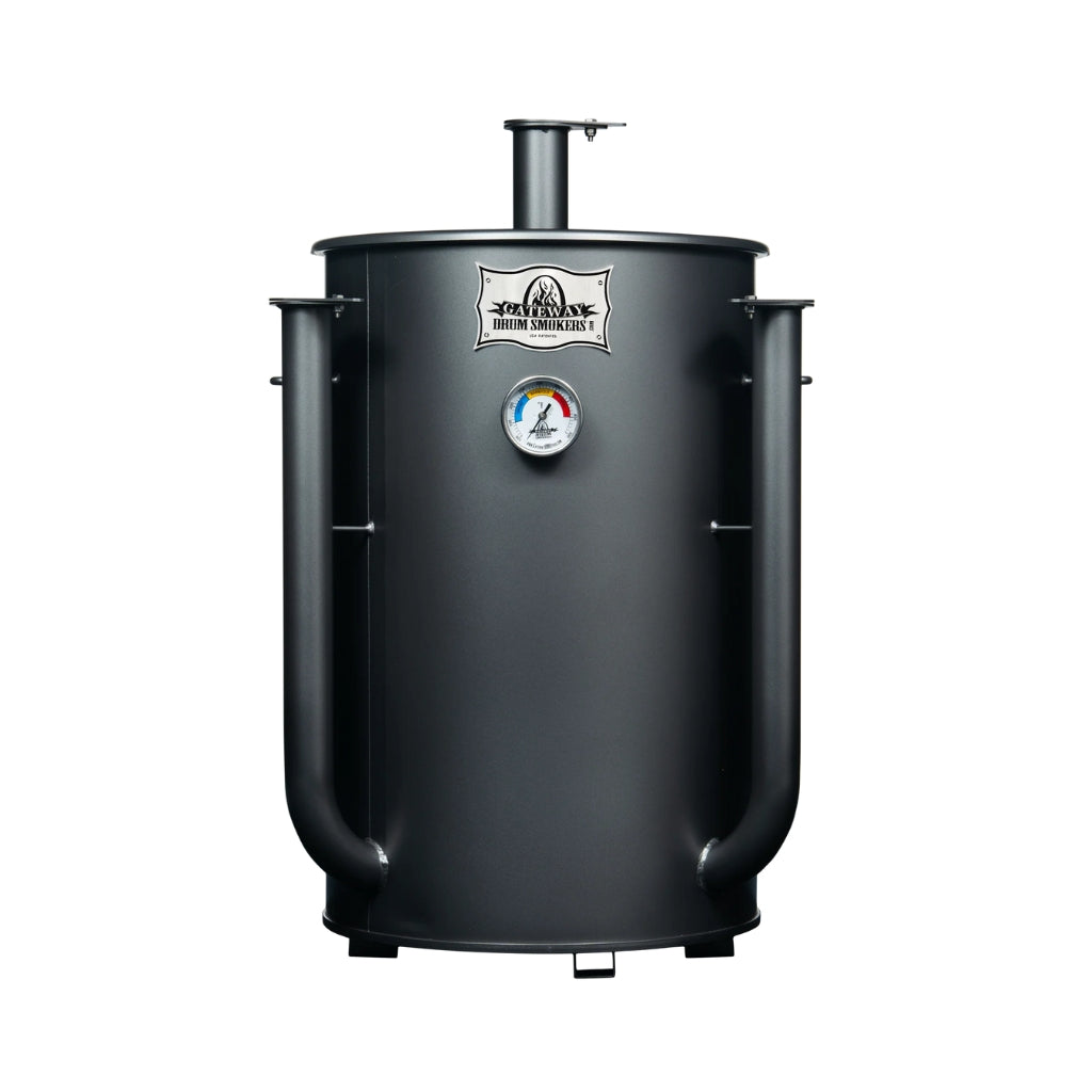 Gateway Drum Smoker 30 Gallon Charcoal BBQ Smoker in matte charcoal with dual air intake pipes and precision thermometer