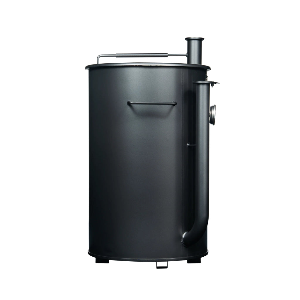 Gateway Drum Smoker 30 Gallon Charcoal BBQ Smoker in matte charcoal with dual air intake pipes and precision thermometer