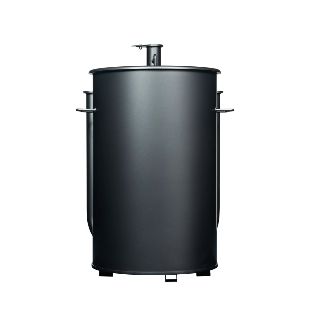 Gateway Drum Smoker 30 Gallon Charcoal BBQ Smoker in matte charcoal with dual air intake pipes and precision thermometer