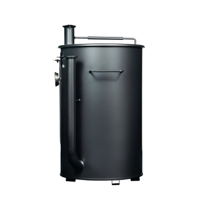 Gateway Drum Smoker 30 Gallon Charcoal BBQ Smoker in matte charcoal with dual air intake pipes and precision thermometer