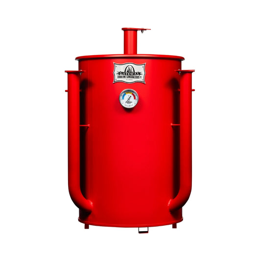 Gateway Drum Smoker 30 Gallon Charcoal BBQ Smoker in matte red with precision air control and temperature gauge