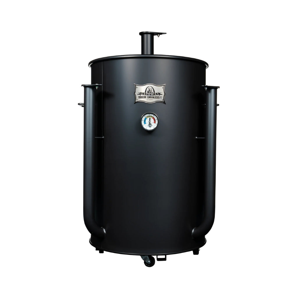 Gateway Drum Smoker 55 Gallon Charcoal BBQ Smoker in matte black with precision air control and temperature gauge