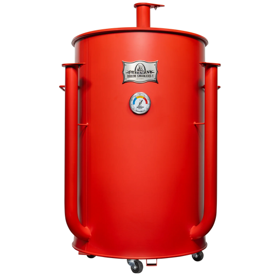 Gateway Drum Smoker 55 Gallon Charcoal BBQ Smoker in matte red with precision air control and temperature gauge