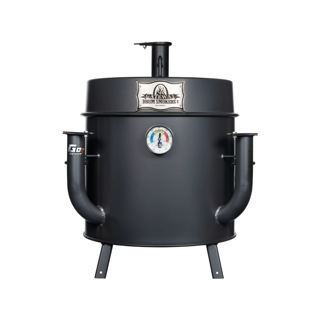 Gateway Drum Smoker & Grills Mini Go2 Charcoal BBQ Smoker & Grill in matte black, featuring a 15-gallon drum and elevated hinged lid