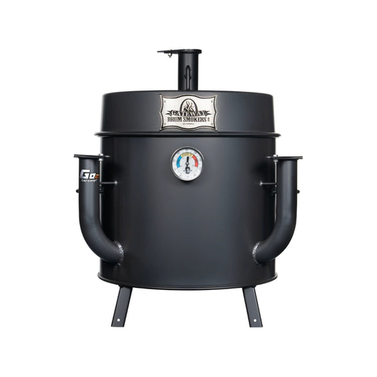 Gateway Drum Smoker & Grills Mini Go2 Charcoal BBQ Smoker & Grill in matte black, featuring a 15-gallon drum and elevated hinged lid