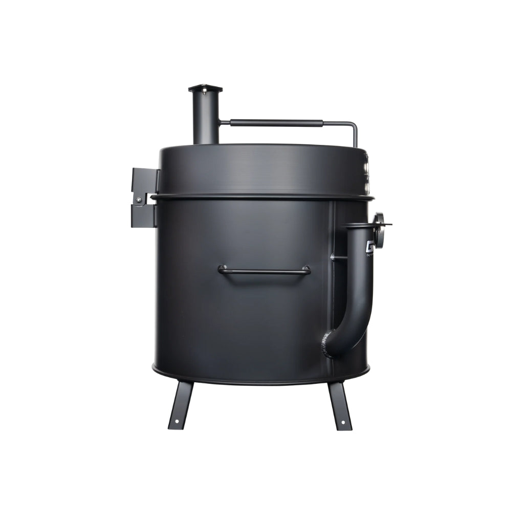 Gateway Drum Smoker & Grills Mini Go2 Charcoal BBQ Smoker & Grill in matte black, featuring a 15-gallon drum and elevated hinged lid