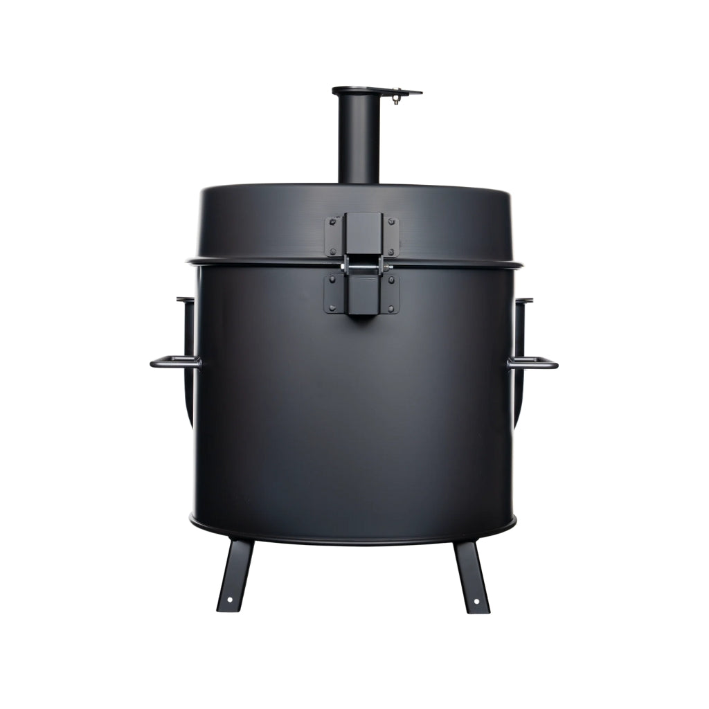 Gateway Drum Smoker & Grills Mini Go2 Charcoal BBQ Smoker & Grill in matte black, featuring a 15-gallon drum and elevated hinged lid