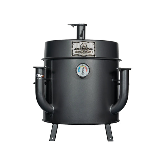 Gateway Drum Smoker & Grills Mini Go2 Charcoal BBQ Smoker in matte charcoal, featuring an elevated hinged lid and dual air intake pipes