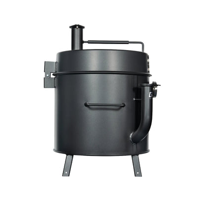 Gateway Drum Smoker & Grills Mini Go2 Charcoal BBQ Smoker in matte charcoal, featuring an elevated hinged lid and dual air intake pipes