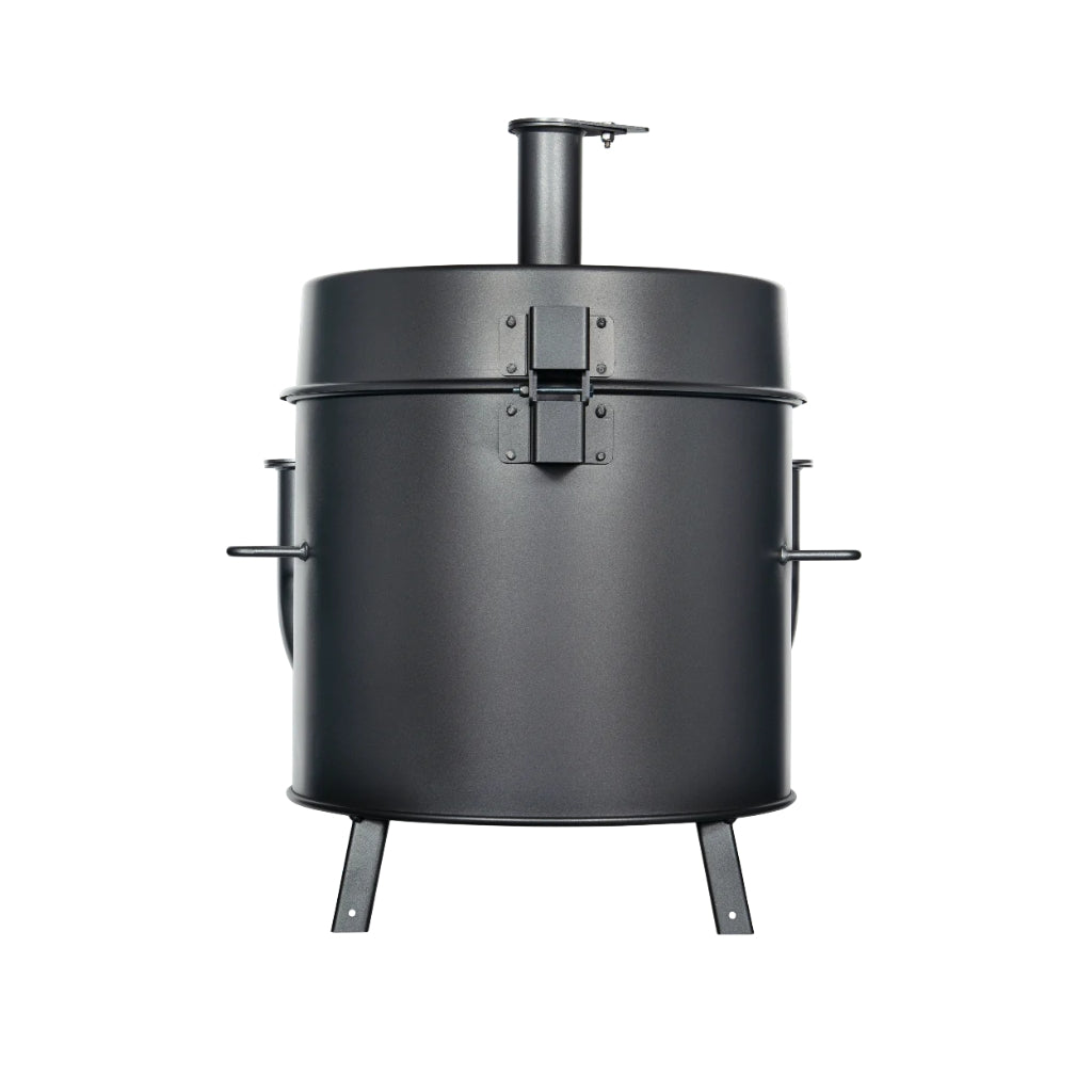 Gateway Drum Smoker & Grills Mini Go2 Charcoal BBQ Smoker in matte charcoal, featuring an elevated hinged lid and dual air intake pipes