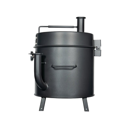 Gateway Drum Smoker & Grills Mini Go2 Charcoal BBQ Smoker in matte charcoal, featuring an elevated hinged lid and dual air intake pipes