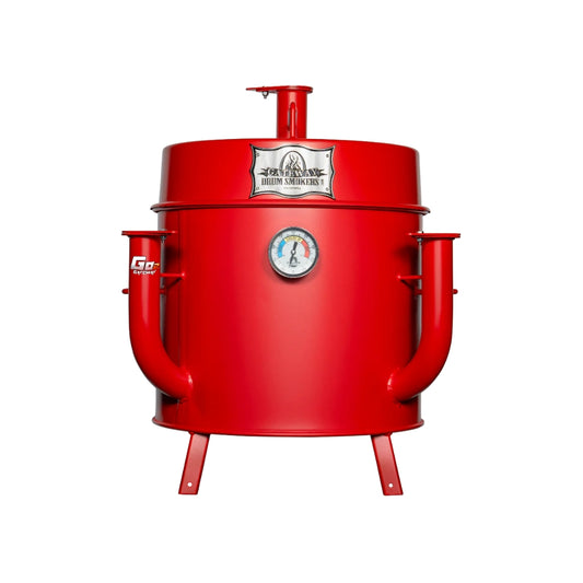 Gateway Drum Smoker & Grills Mini Go2 Charcoal BBQ Smoker in matte red with an elevated hinged lid and dual air intake pipes