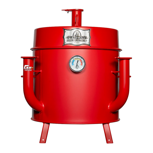 Gateway Drum Smoker & Grills Mini Go2 Charcoal BBQ Smoker in matte red with an elevated hinged lid and dual air intake pipes