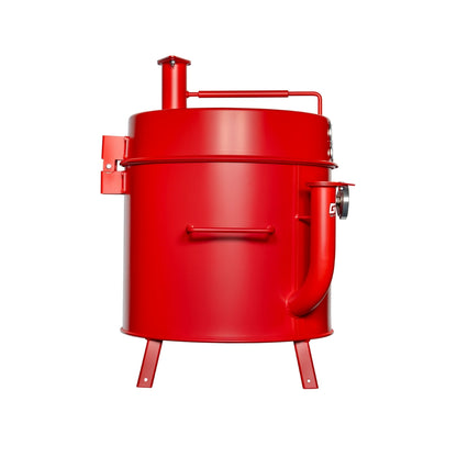 Gateway Drum Smoker & Grills Mini Go2 Charcoal BBQ Smoker in matte red with an elevated hinged lid and dual air intake pipes