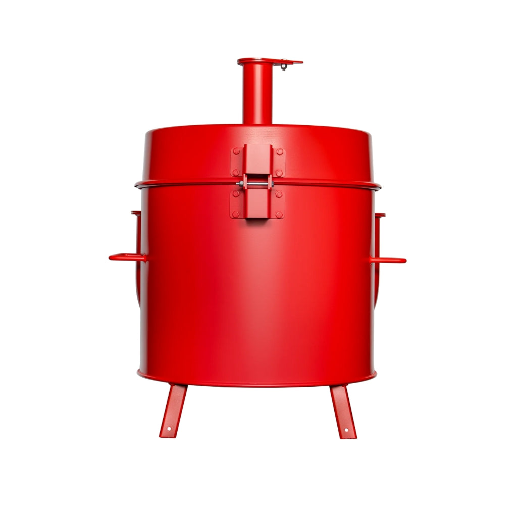 Gateway Drum Smoker & Grills Mini Go2 Charcoal BBQ Smoker in matte red with an elevated hinged lid and dual air intake pipes