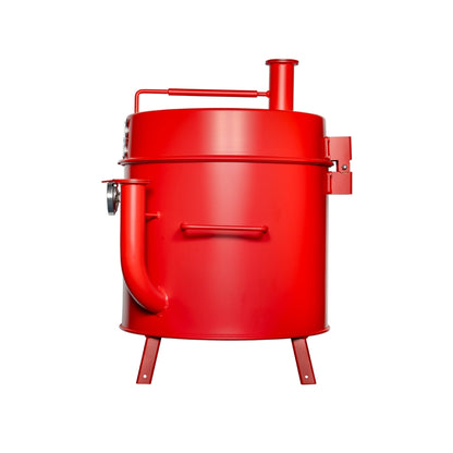 Gateway Drum Smoker & Grills Mini Go2 Charcoal BBQ Smoker in matte red with an elevated hinged lid and dual air intake pipes