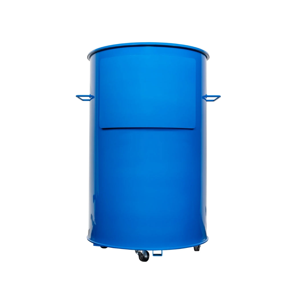 Gateway Drum Smokers Sizzle Edition 55 Gallon Charcoal BBQ Smoker in royal blue with adjustable cooking levels and custom dial thermometer