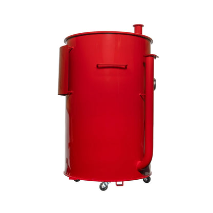 Gateway Drum Smokers Sizzle Edition 55 Gallon Charcoal BBQ Smoker in vibrant red with three cooking levels and custom dial thermometer