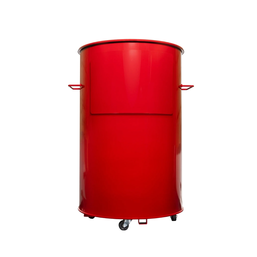 Gateway Drum Smokers Sizzle Edition 55 Gallon Charcoal BBQ Smoker in vibrant red with three cooking levels and custom dial thermometer