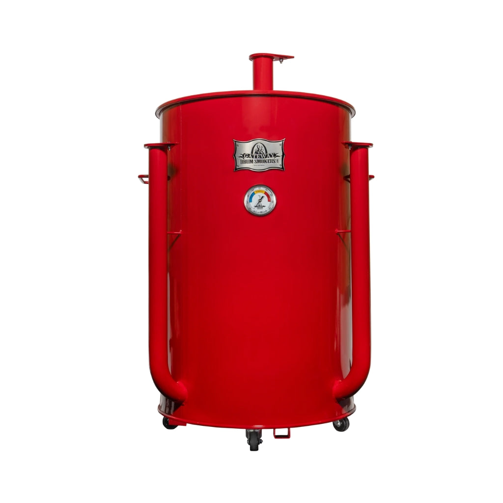 Gateway Drum Smokers Sizzle Edition 55 Gallon Charcoal BBQ Smoker in vibrant red with three cooking levels and custom dial thermometer