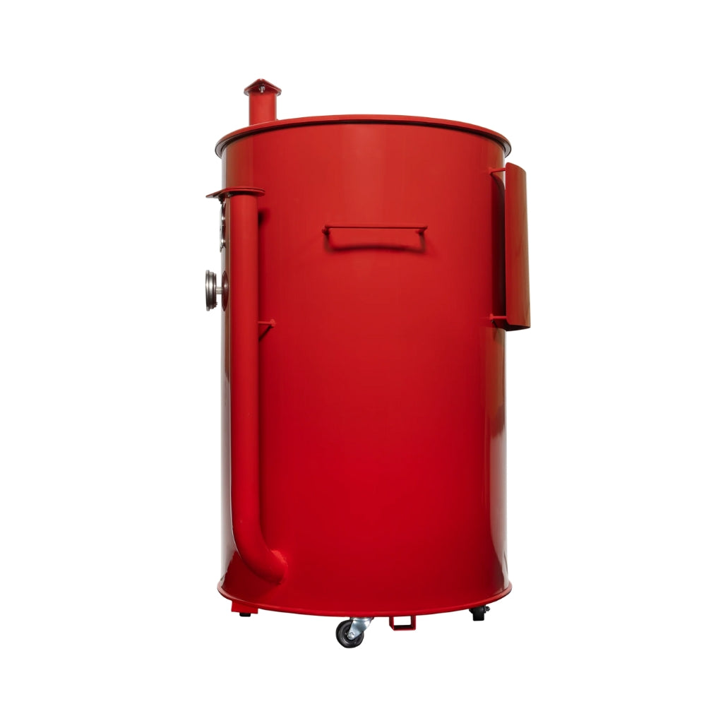 Gateway Drum Smokers Sizzle Edition 55 Gallon Charcoal BBQ Smoker in vibrant red with three cooking levels and custom dial thermometer