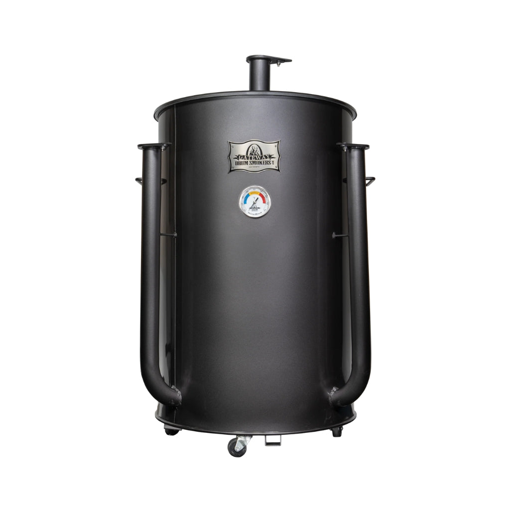 Gateway Drum Smokers Sizzle Edition 55 Gallon Charcoal BBQ Smoker with three cooking levels and custom dial thermometer