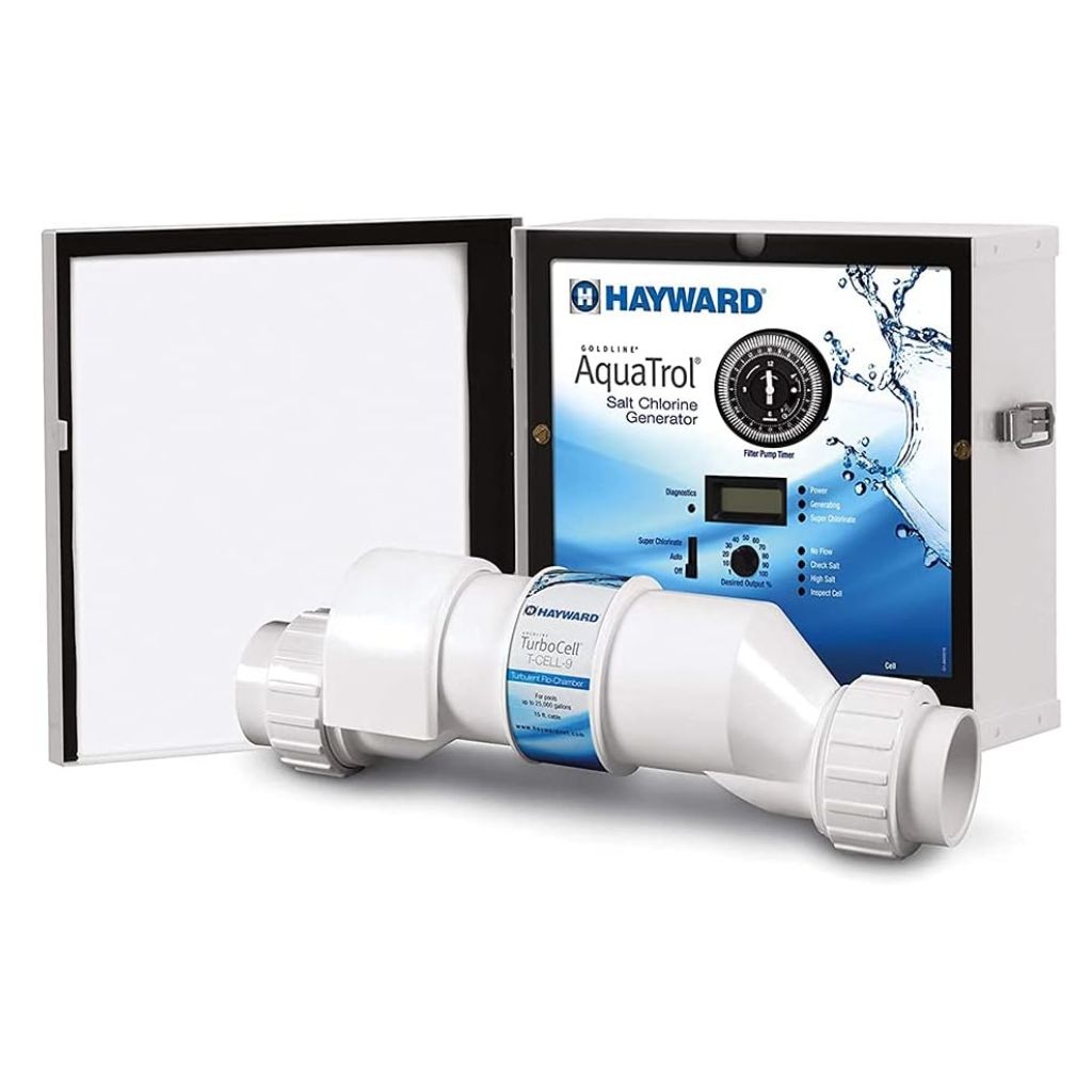 Hayward AquaTrol Salt Chlorination System for above-ground pools with easy installation and automatic chlorine generation.