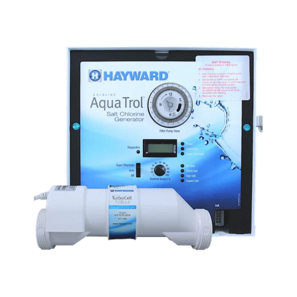 Hayward AquaTrol Salt Chlorination System for above-ground pools with easy installation and automatic chlorine generation.