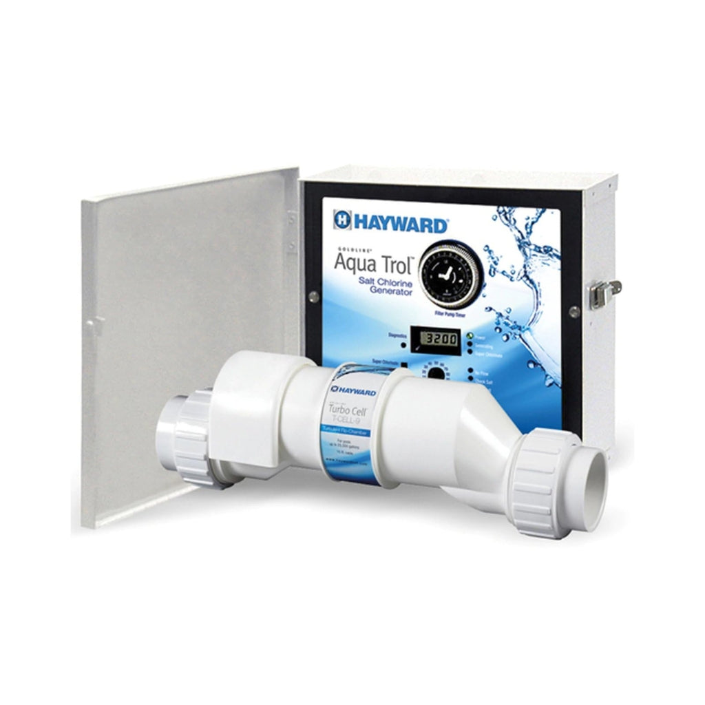 Hayward AquaTrol Salt Chlorination System mounted on an above-ground pool, ensuring clean and soft water.