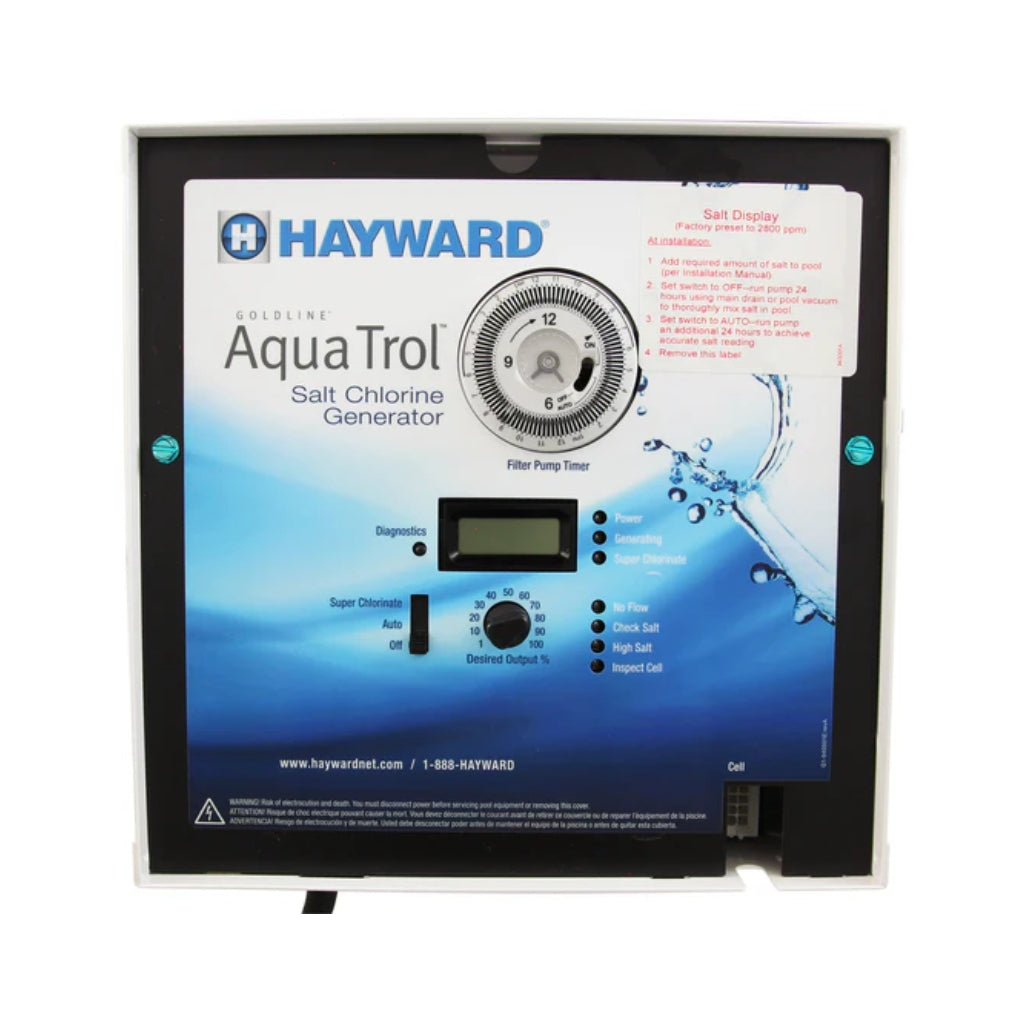 Hayward AquaTrol Salt Chlorination System mounted on an above-ground pool, ensuring clean and soft water.