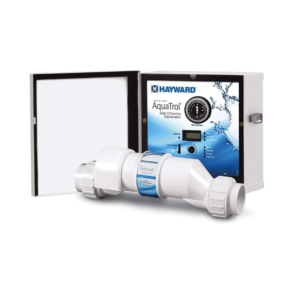 Hayward AquaTrol Salt Chlorination System mounted on an above-ground pool, ensuring clean and soft water.