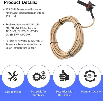 Hayward GLX-PC-12-KIT 10K Thermistor Temperature Sensor with 15-ft Cable for Salt Chlorine Generators and Pool Automation Systems.