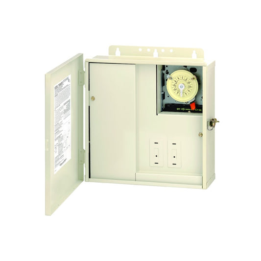 Intermatic T10004RT3 control panel with 300W transformer & T104M timer for pool automation. Weatherproof steel enclosure for durability.