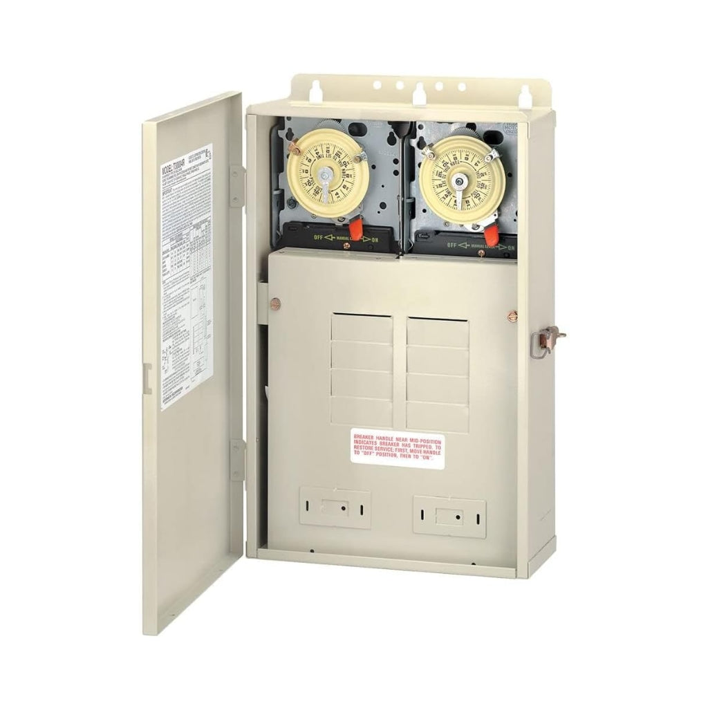 Intermatic T30404R Pool/Spa Control Panel with dual T104 timers, 3-circuit control & weatherproof steel enclosure for automated pool management.