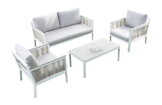 Patio Furniture Set Outdoor Dining Backyard Panama Jack Santa Monica 4 Piece Seating Set with Outdoor Grey Fabric | PJO-3701-WHITE-4 Piece