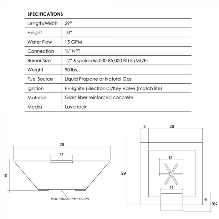 Prism Hardscapes Lombard 29-Inch Concrete Square Outdoor Fire Pit Bowl - Electronic Igniter